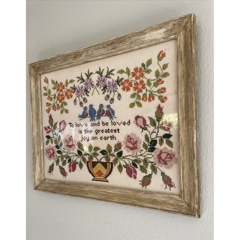Completed Finished Cross Stitch  Flower Cottage Farmhouse Shabby Chic Framed Lrg